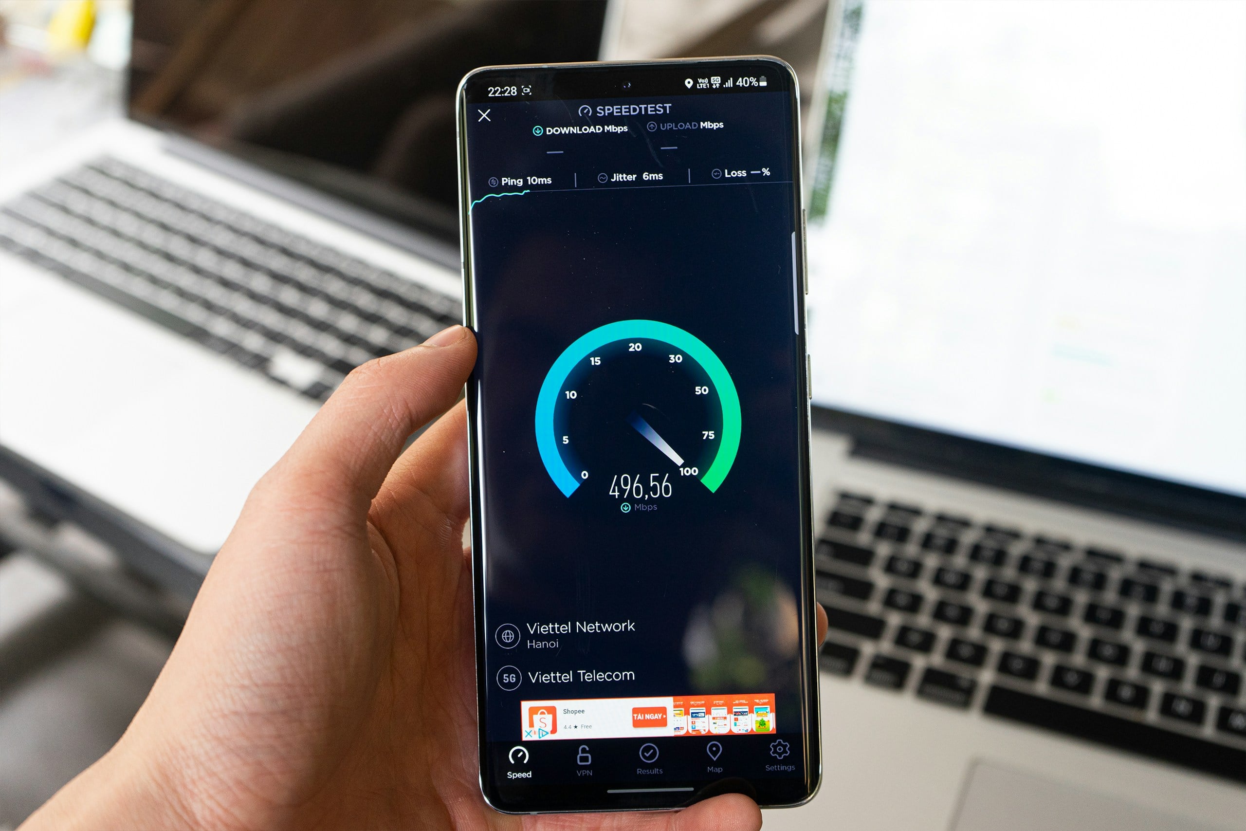 Internet speed test on smartphone.