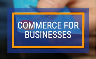 Person handing credit card to merchant (caption: Commerce for Businesses)