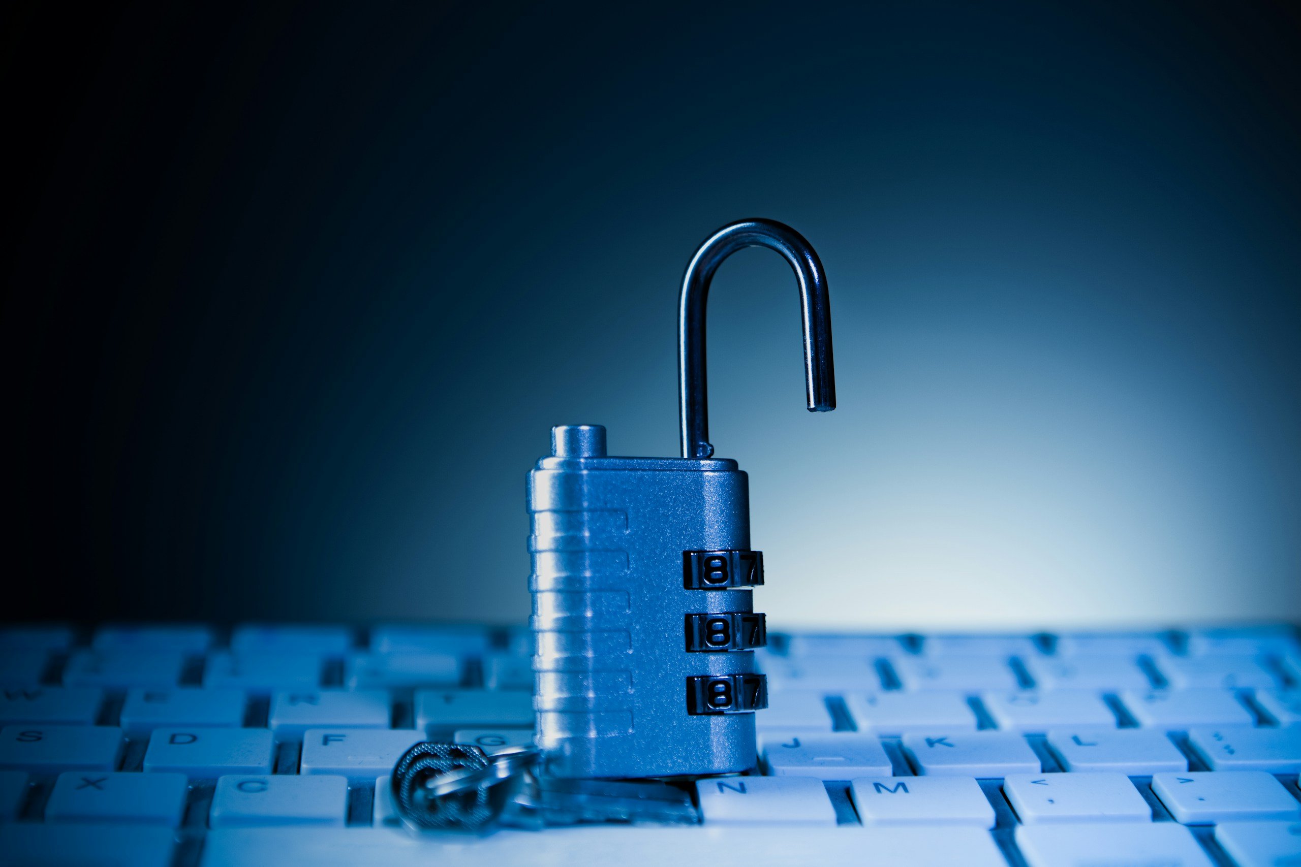 Padlock on computer keyboard. Cyber security and data protection concept.