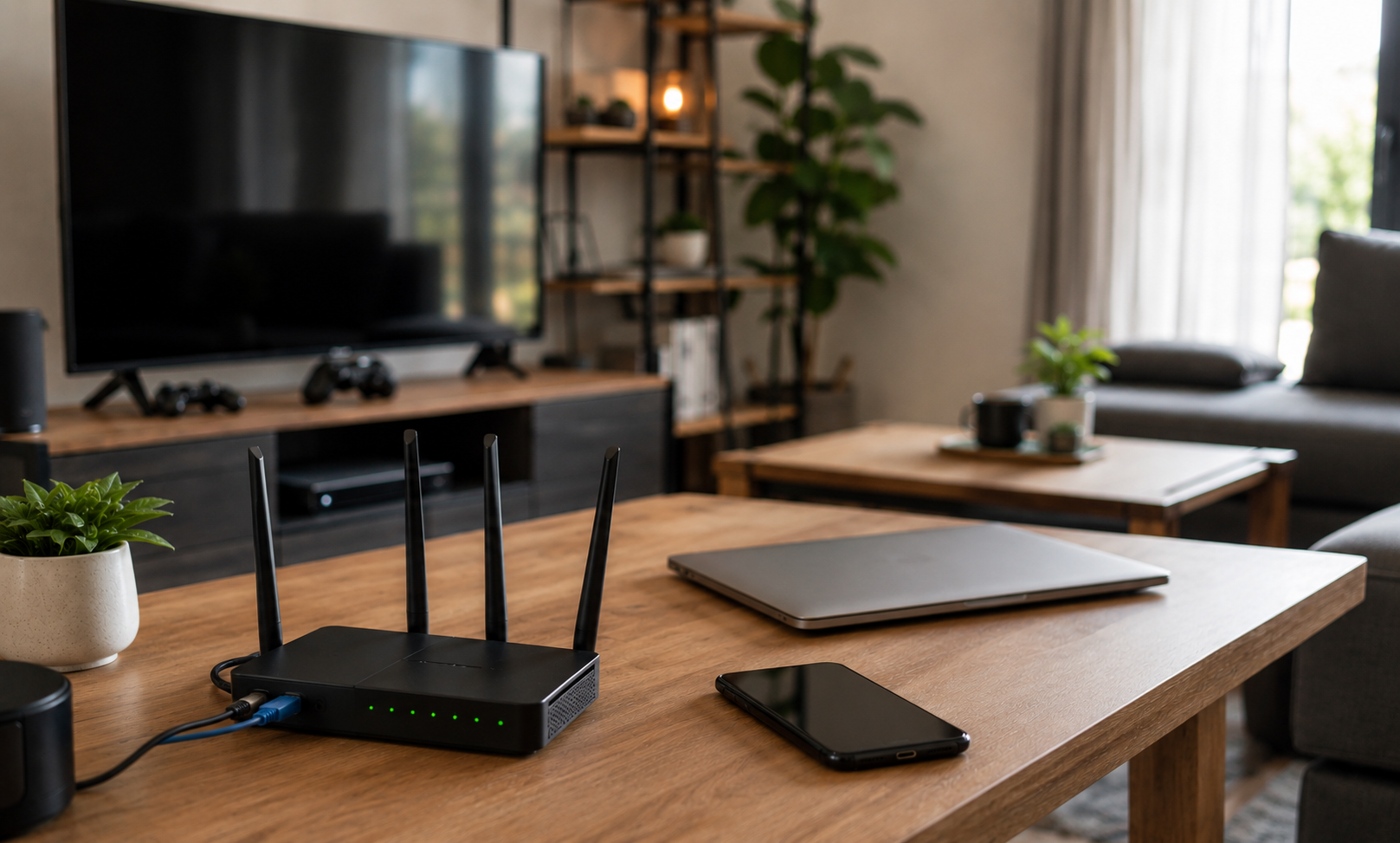 A router sitting on a coffee table with smartphone, laptop, and modern tv in the room.