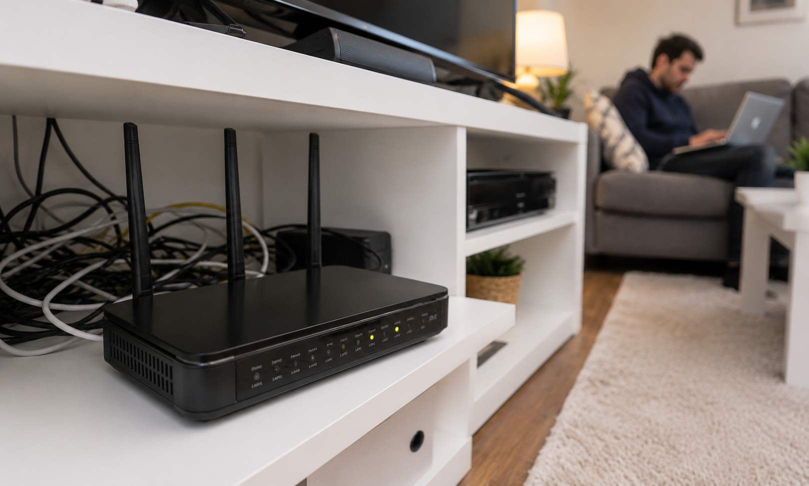 A black router sitting on a low shelf of an entertainment center.