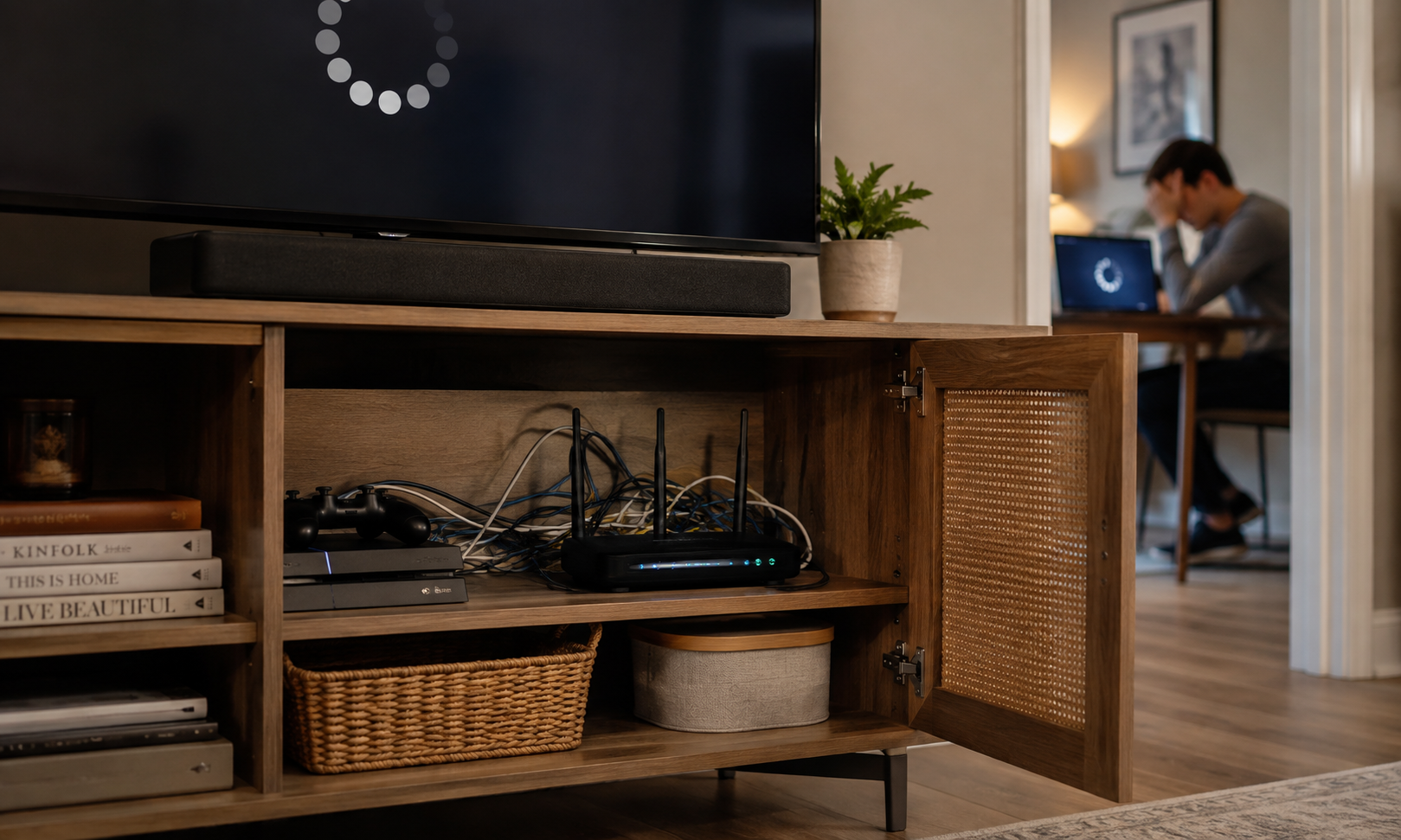 A home router stuck inside a cabinet on a low shelf.