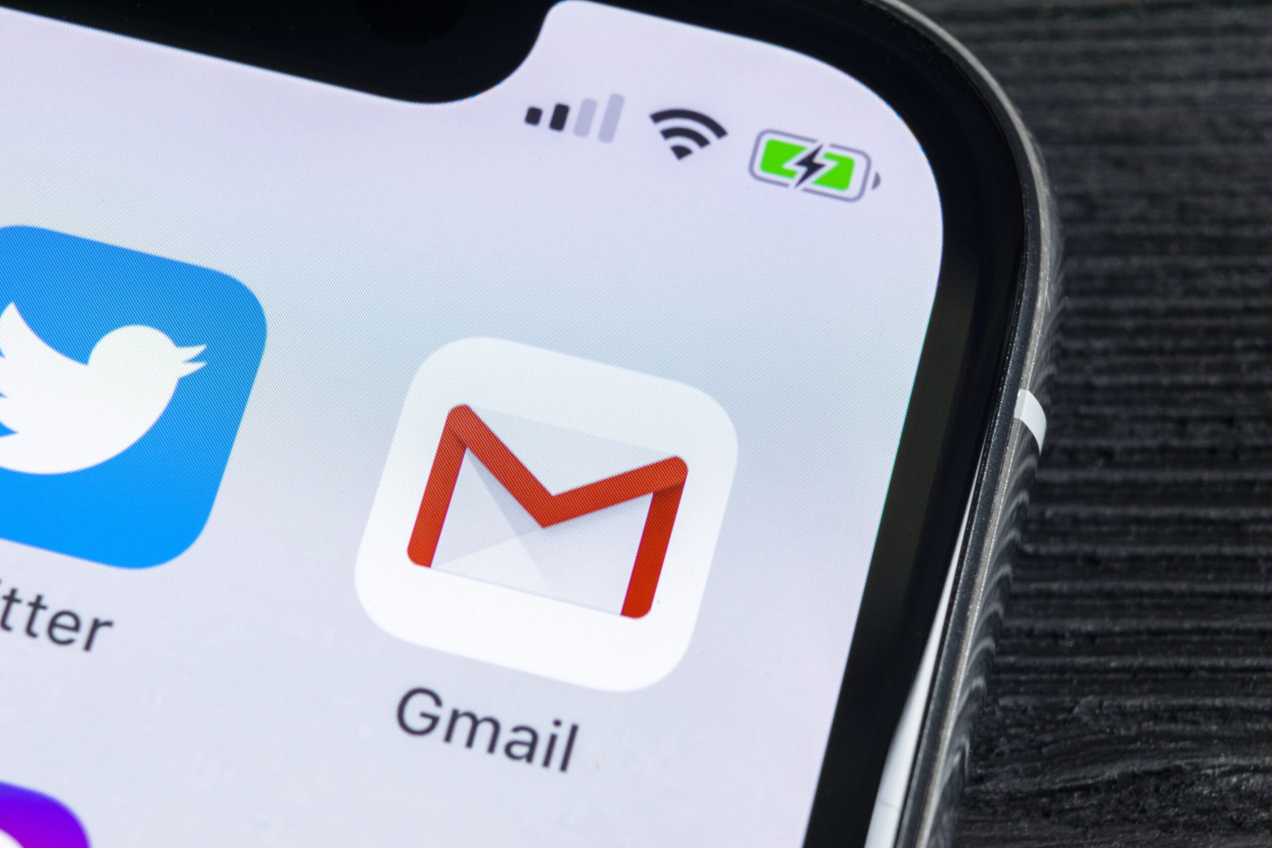 Sankt-Petersburg, Russia, April 27, 2018: Google Gmail application icon on Apple iPhone X smartphone screen close-up. Gmail app icon. Gmail is popular Internet online e-mail. Social media icon
