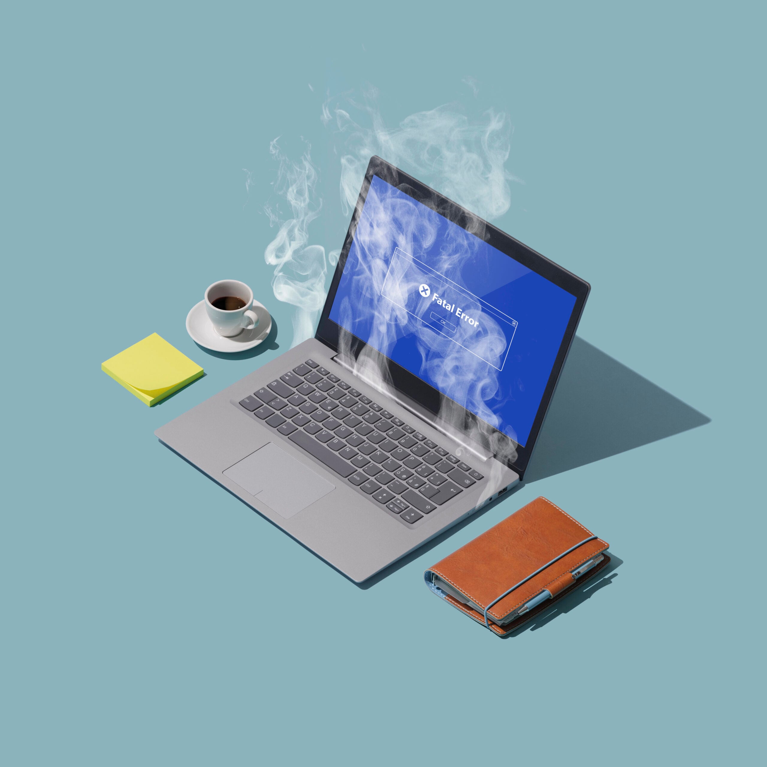 System failure and overheating computer on a desktop