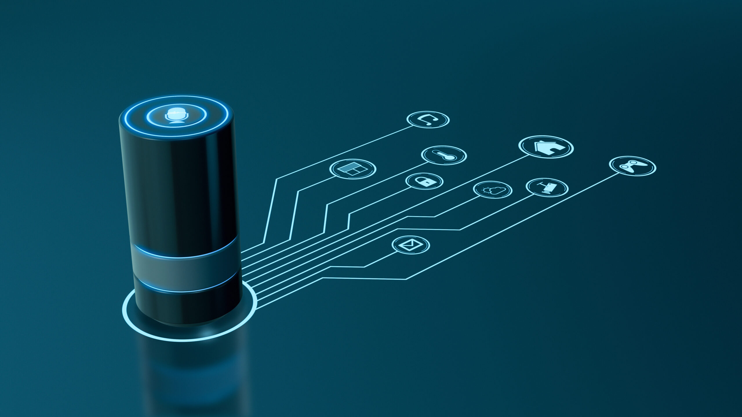 voice assistant device with a network of iot icons, concept of smart home and futuristic technology (3d render)