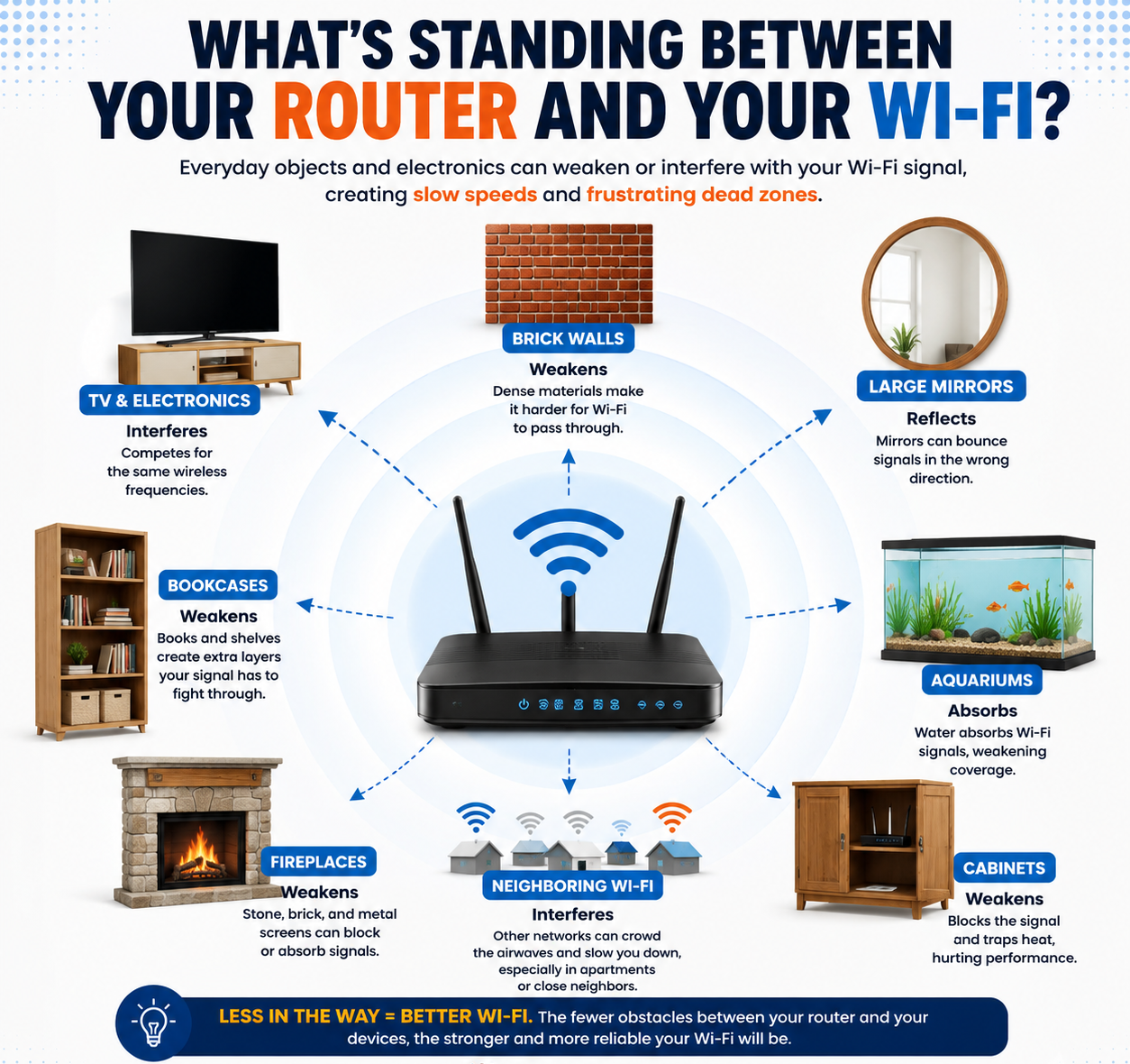 Infographic showing common household objects that weaken or interfere with Wi-Fi, including brick walls, TVs, mirrors, aquariums, cabinets, bookcases, fireplaces, and neighboring wireless networks surrounding a central router.