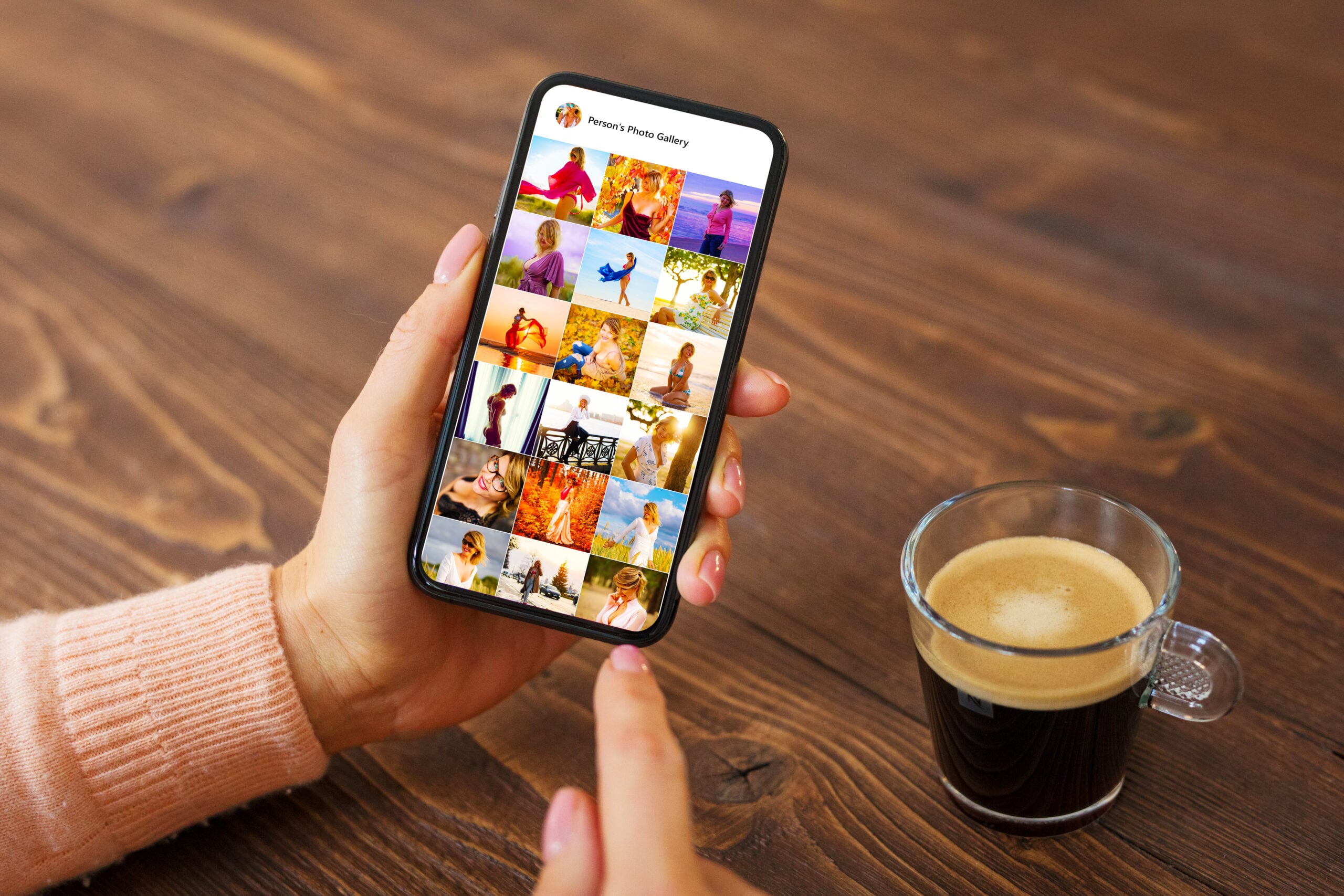 Woman browsing photos on social media app, person's name on screen is made up