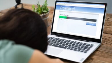 Woman Fell Asleep White Waiting For Slow Download On Laptop